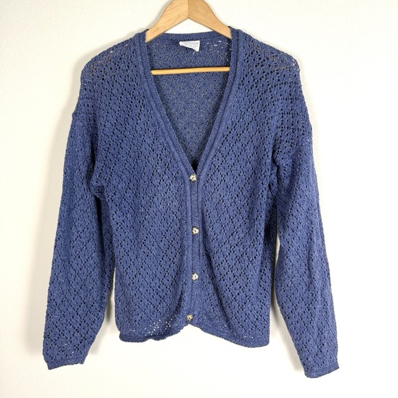 Open Crotchet Cardigan Blue Womens Medium Coastal Grandma Boho Vintage 90s Beach - Picture 1 of 7